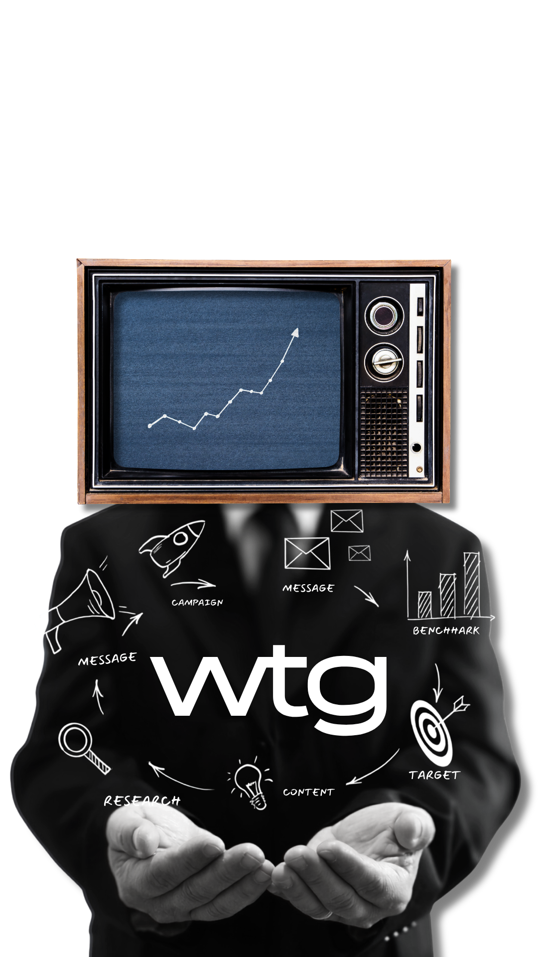 WTG character with a TV for a head and marketing ideas on the suit